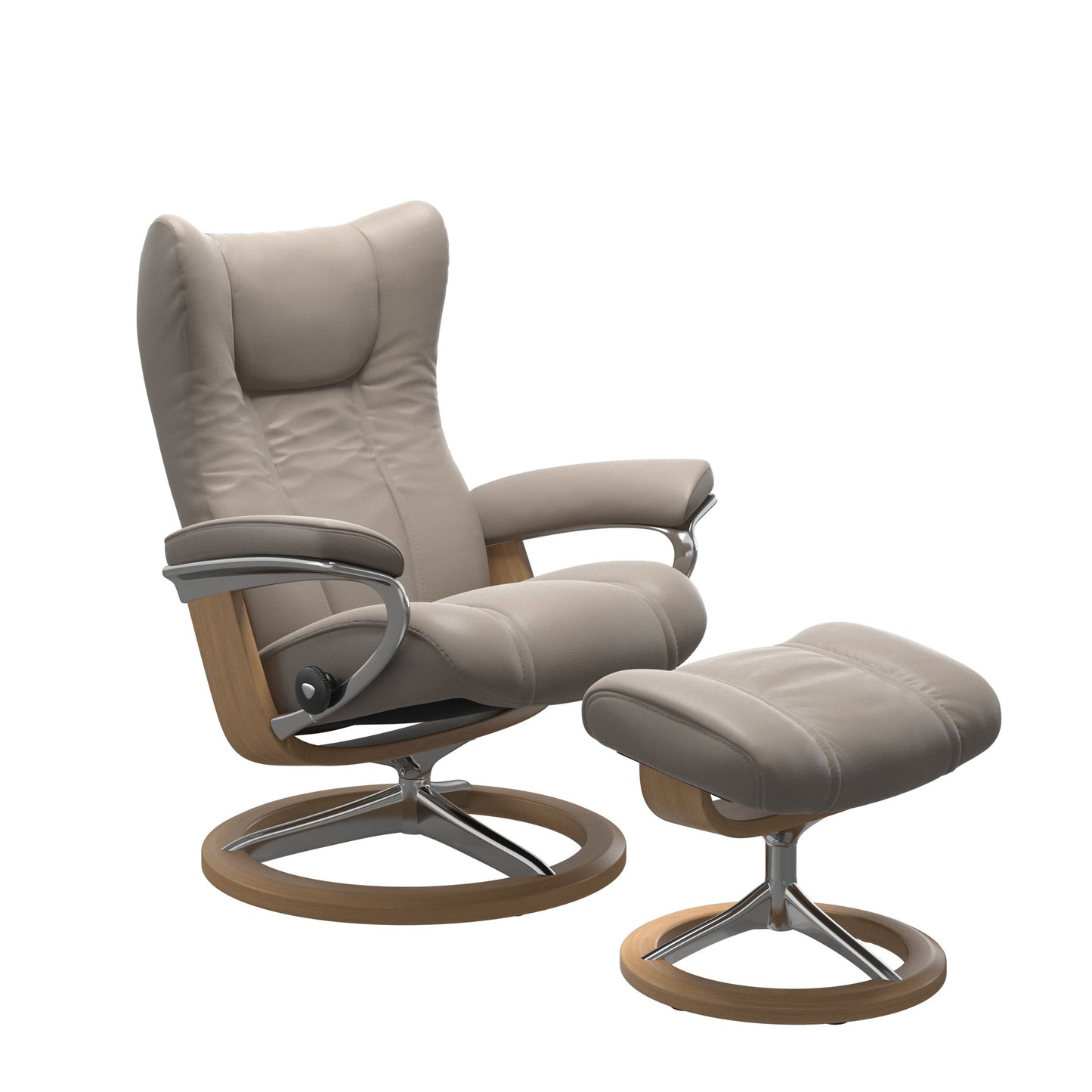 Stressless Wing Small Recliner in Paloma Dark Mushroom and Ottoman with Classic Base in oak