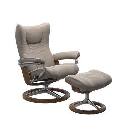 Stressless Wing Small Recliner in Paloma Dark Mushroom and Ottoman with Classic Base in teak