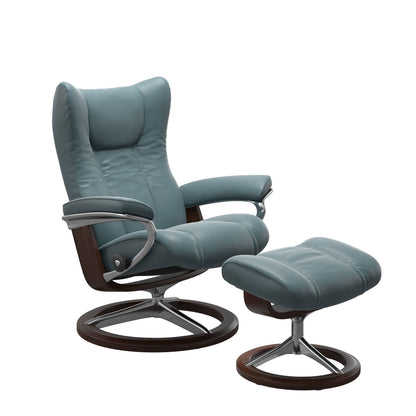 Stressless Wing Small Recliner in Paloma Teal Blue and Ottoman with Classic Base in brown