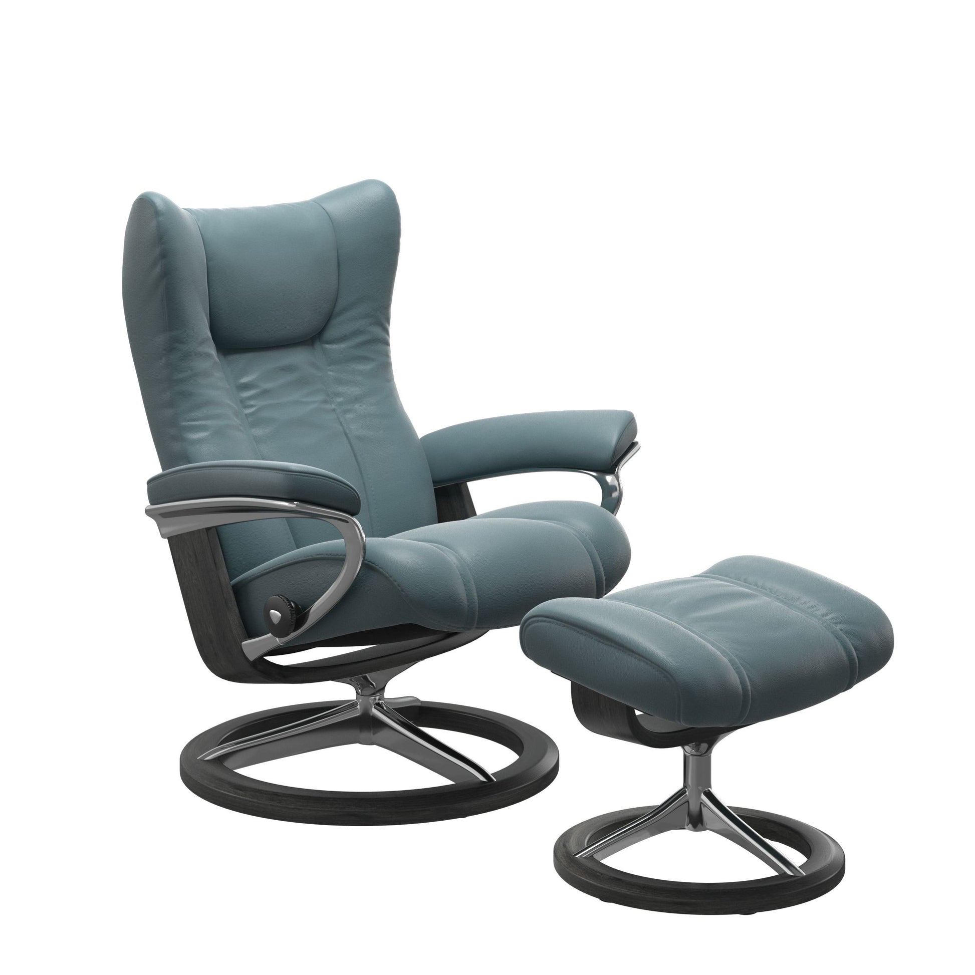 Stressless Wing Small Recliner in Paloma Dark Mushroom and Ottoman with Classic Base in grey