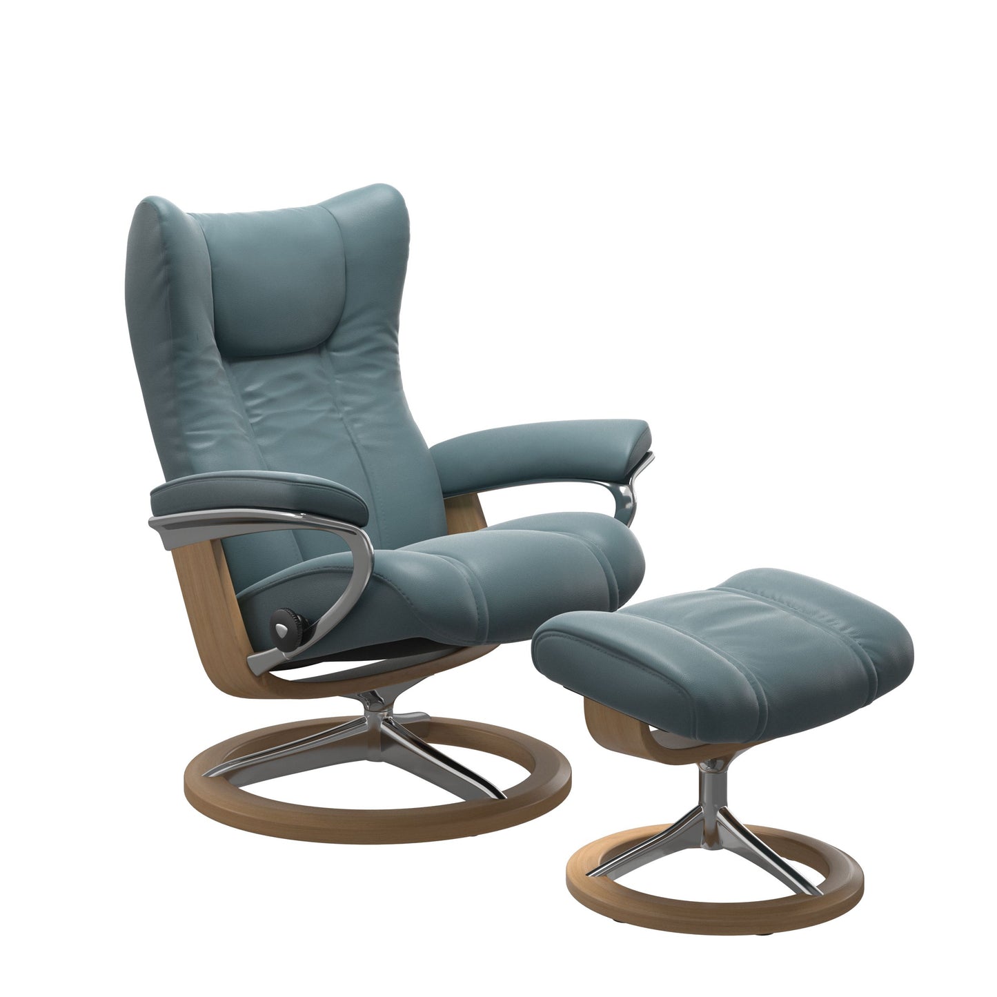 Stressless Wing Small Recliner in Paloma Dark Mushroom and Ottoman with Classic Base in oak