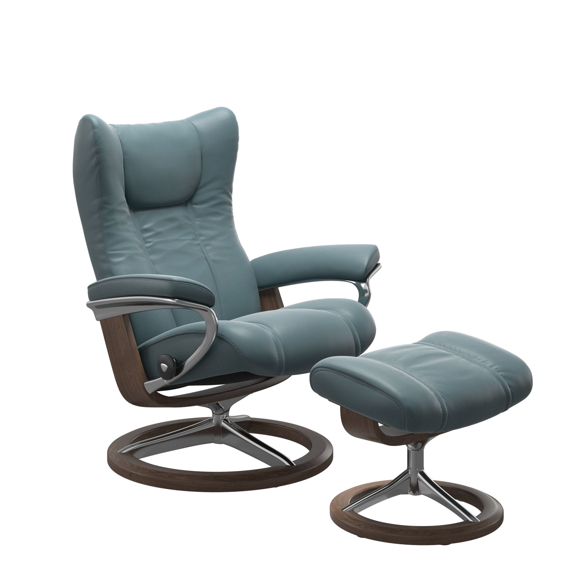 Stressless Wing Small Recliner in Paloma Dark Mushroom and Ottoman with Classic Base in walnut