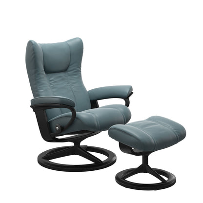 Paloma Teal Blue recliner chair with ottoman black matte metal and wooden black round frame
