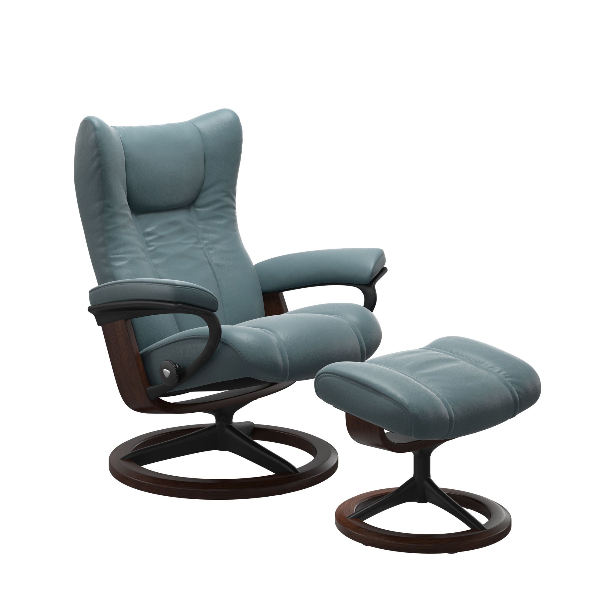 Paloma Teal Blue recliner chair with ottoman black matte metal and wooden brown round frame