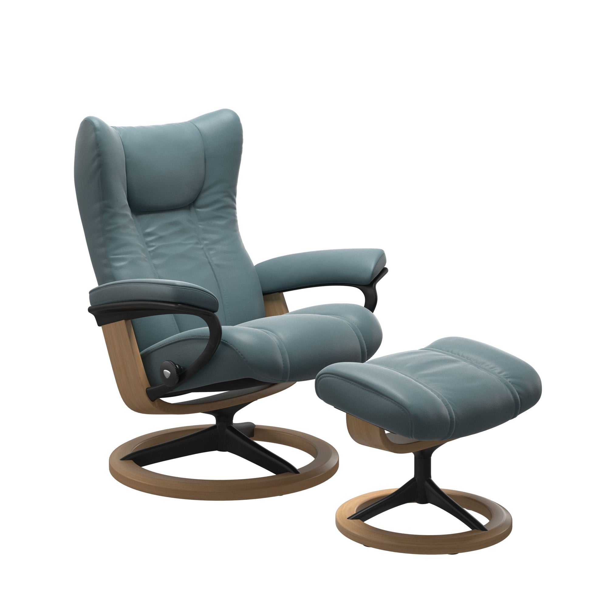 Paloma Teal Blue recliner chair with ottoman black matte metal and wooden oak round frame