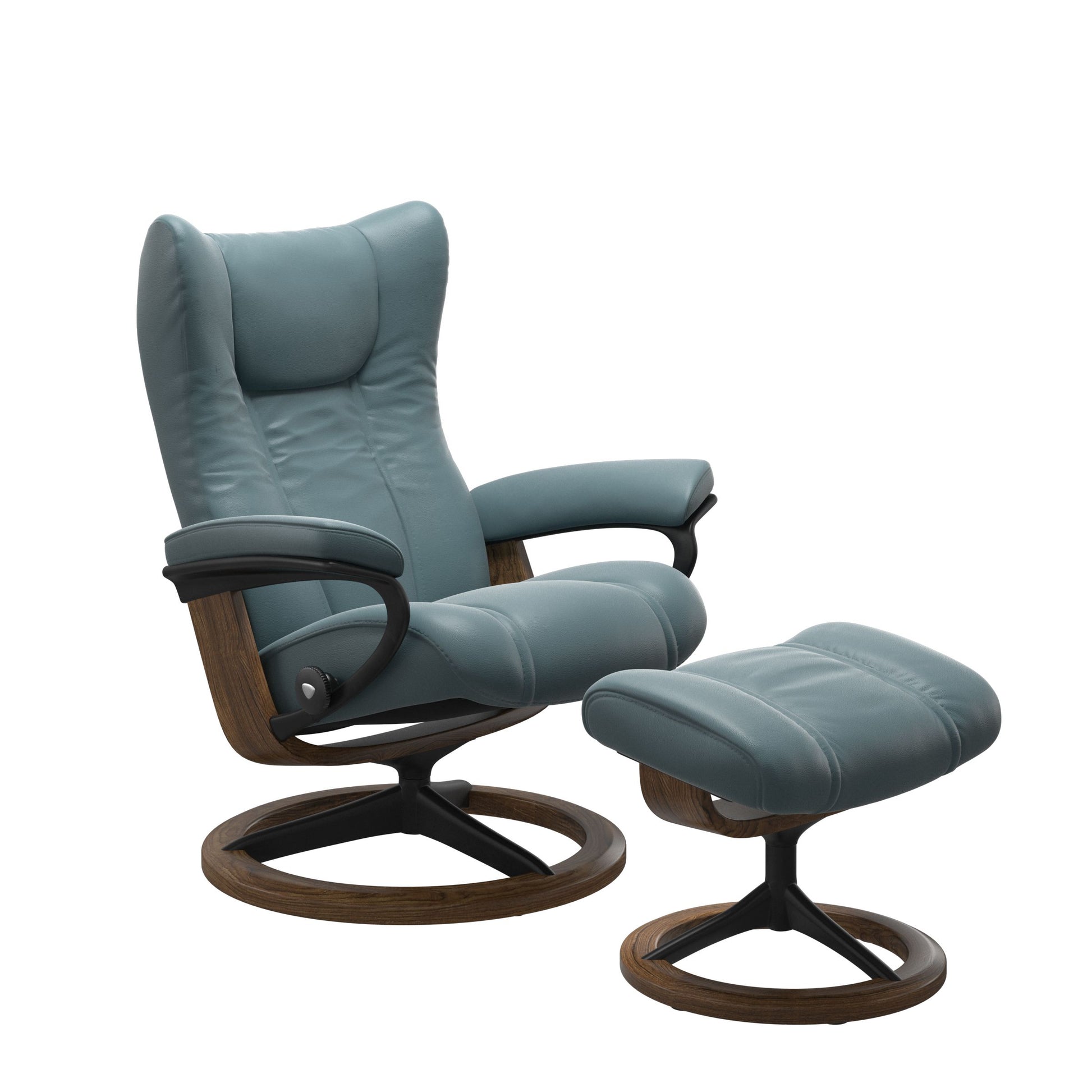 Paloma Teal Blue recliner chair with ottoman black matte metal and wooden teak round frame
