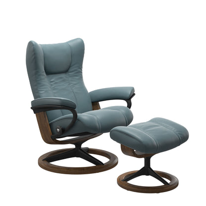 Paloma Teal Blue recliner chair with ottoman black matte metal and wooden teak round frame