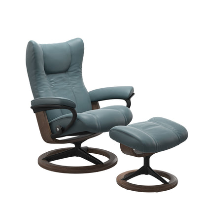Paloma Teal Blue recliner chair with ottoman black matte metal and wooden walnut round frame