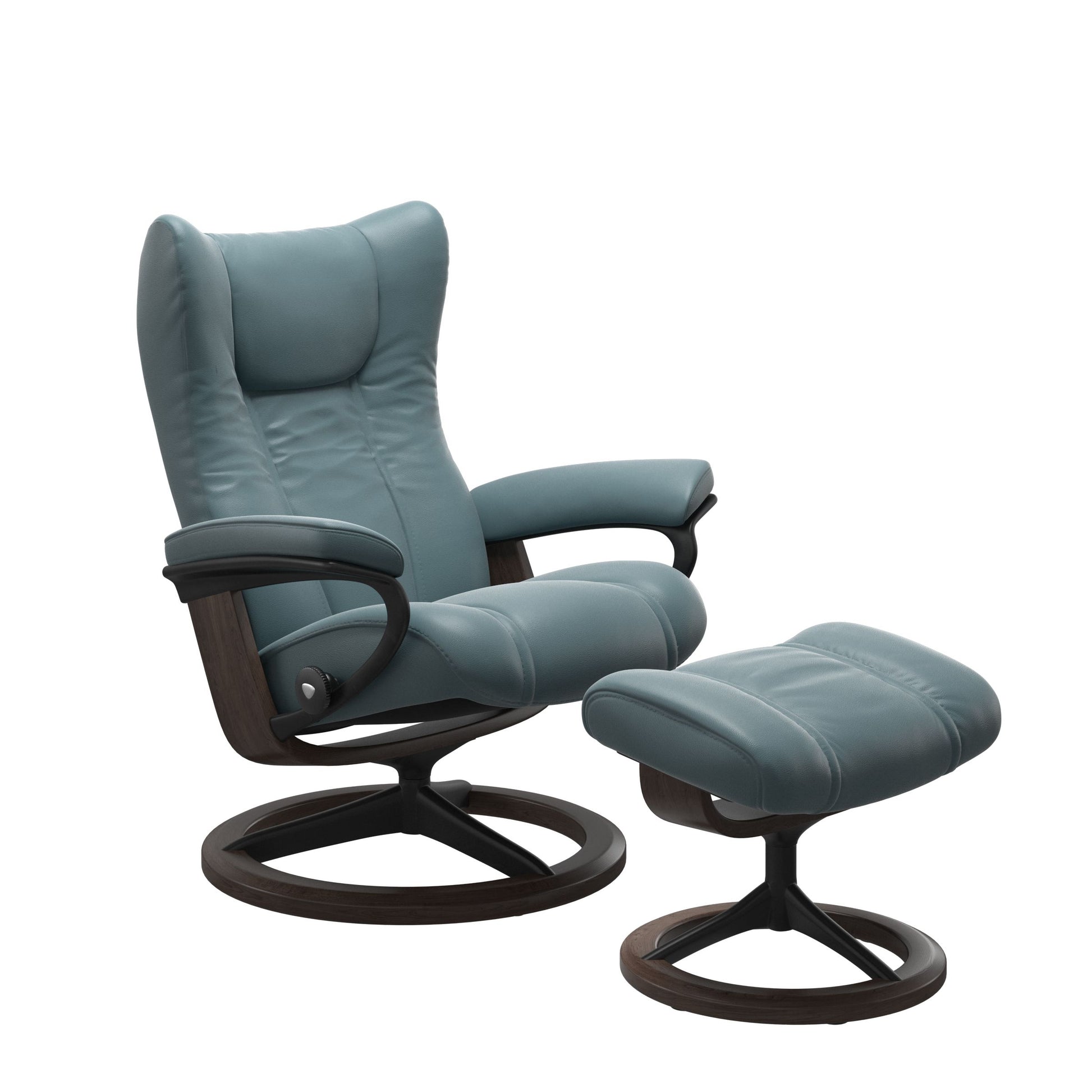 Paloma Teal Blue recliner chair with ottoman black matte metal and wooden wenge round frame