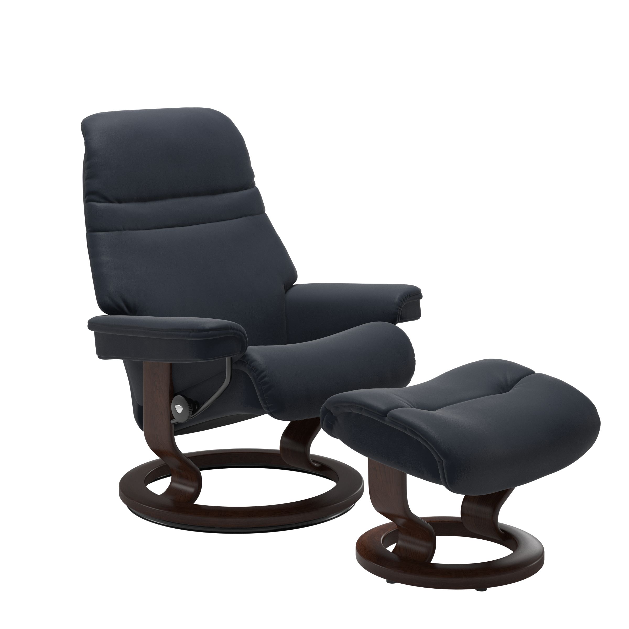 Shadow Blue colored sunrise recliner with matching ottoman both featuring a circular base in brown wood.