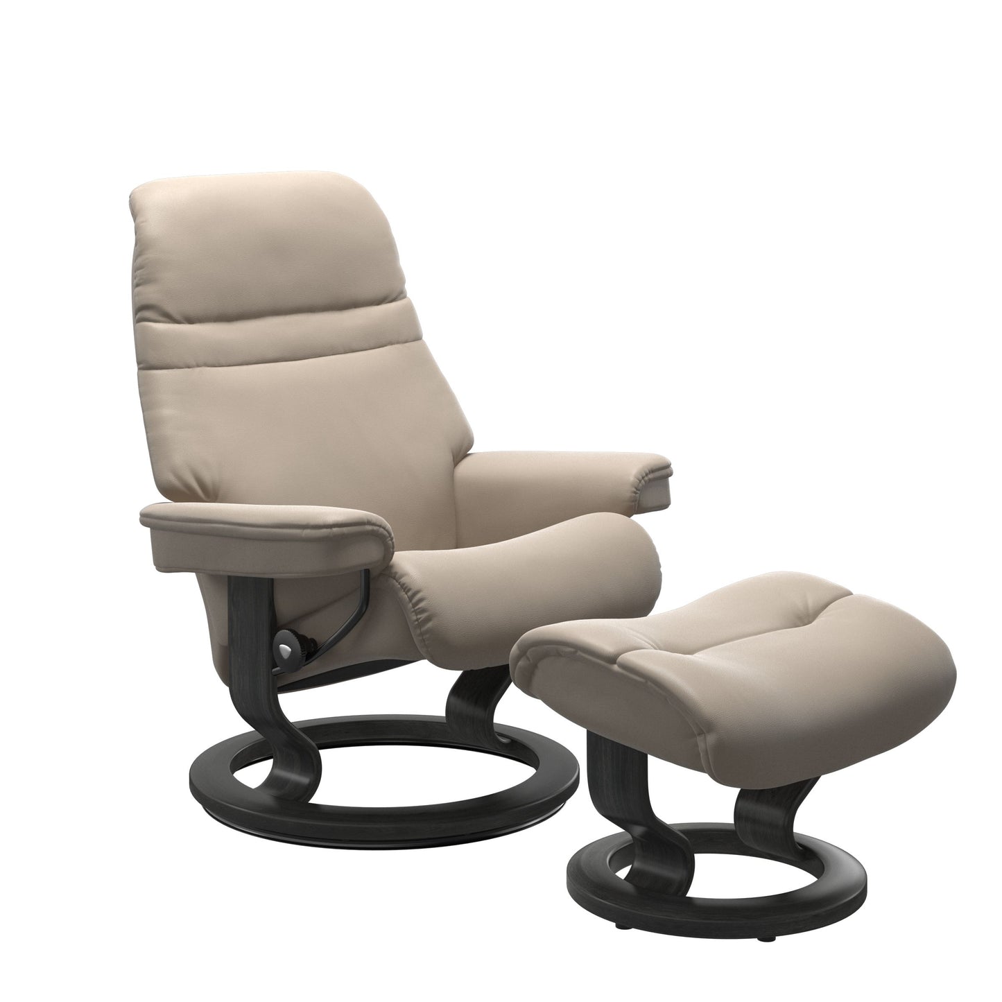Beige colored sunrise recliner with matching ottoman both featuring a circular base in grey wood. 
