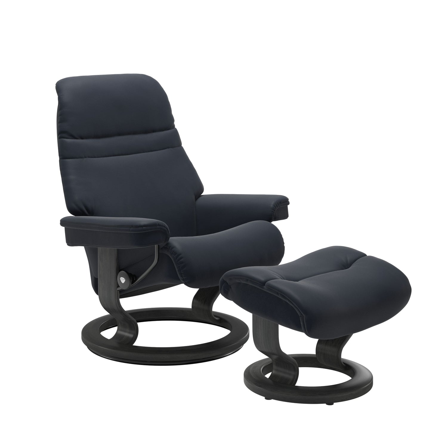 Shadow Blue colored sunrise recliner with matching ottoman both featuring a circular base in grey wood. 