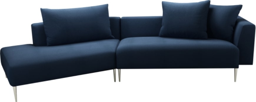 A blue upholstered Wellington Sectional sofa with a sleek modern design, featuring low backrest and 3 moveable pillows 