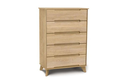 Linn Oak Wooden five drawer dresser tall with recessed handles and angled legs in mid century modern style. 