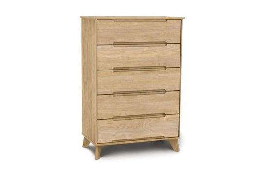 Linn Oak Wooden five drawer dresser tall with recessed handles and angled legs in mid century modern style. 