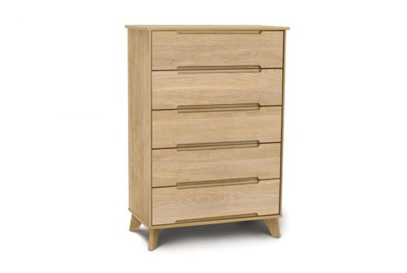 Oak Wooden five drawer dresser tall with recessed handles and angled legs in mid century modern style. 