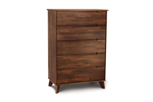 Linn Walnut Wooden five drawer dresser tall with recessed handles and angled legs in mid century modern style. 