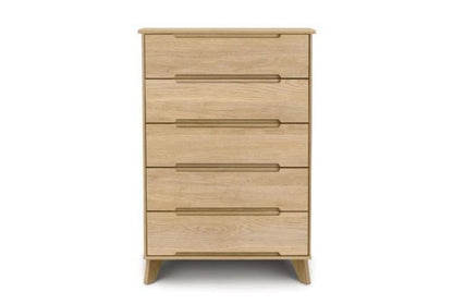 Linn Oak Wooden five drawer dresser tall with recessed handles and angled legs in mid century modern style. 