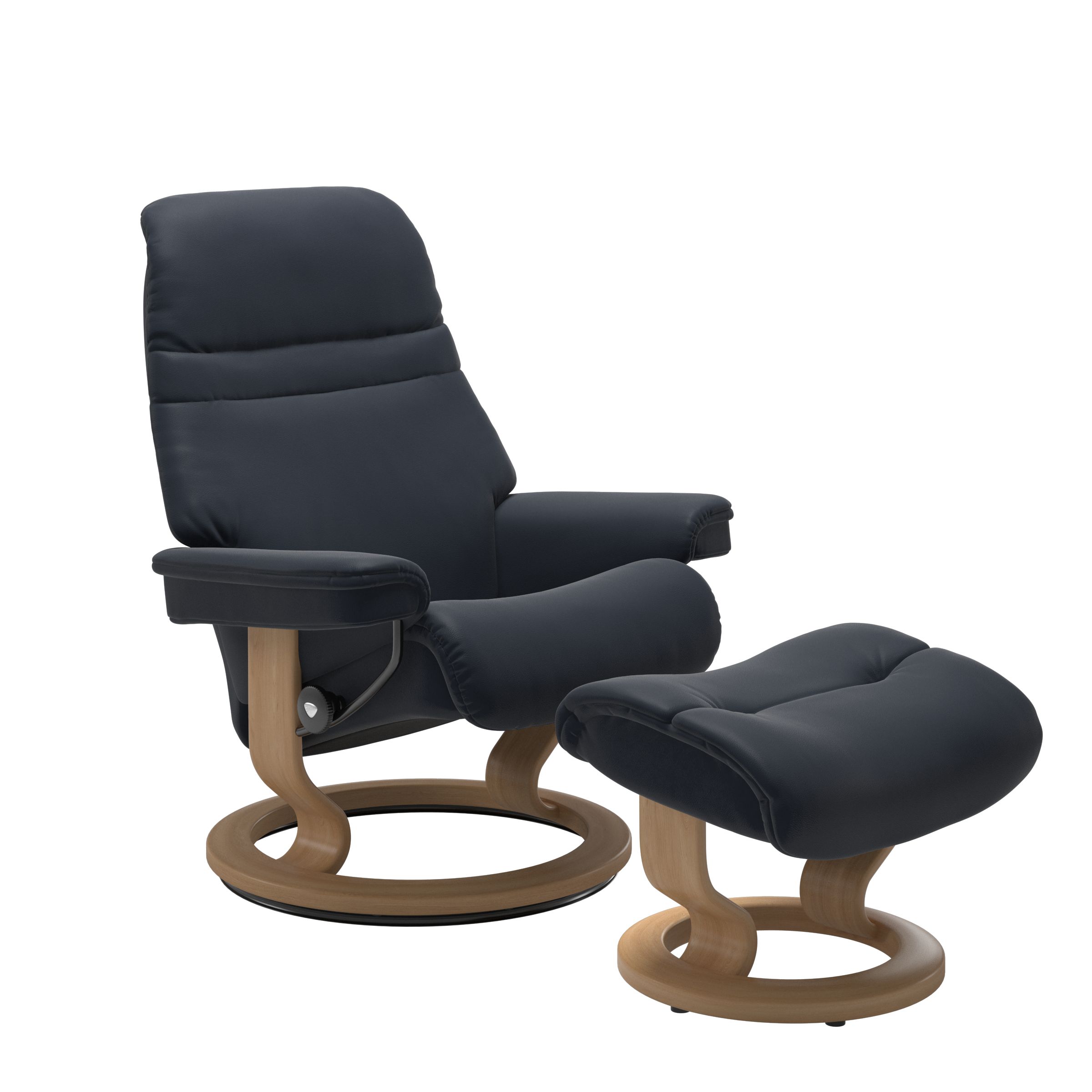 Shadow Blue colored sunrise recliner with matching ottoman both featuring a circular base in oak wood. 