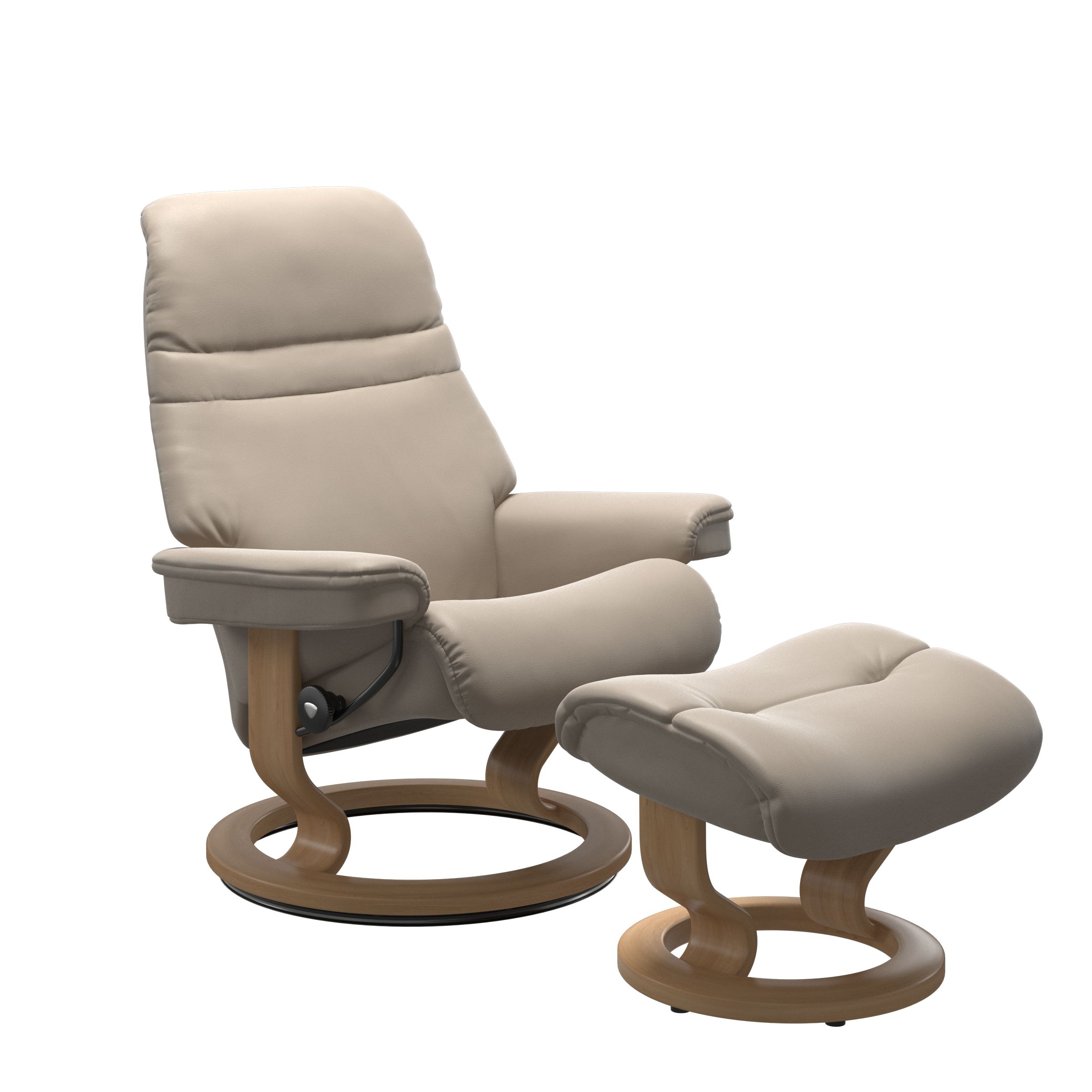 Beige colored sunrise recliner with matching ottoman both featuring a circular base in oak wood. 