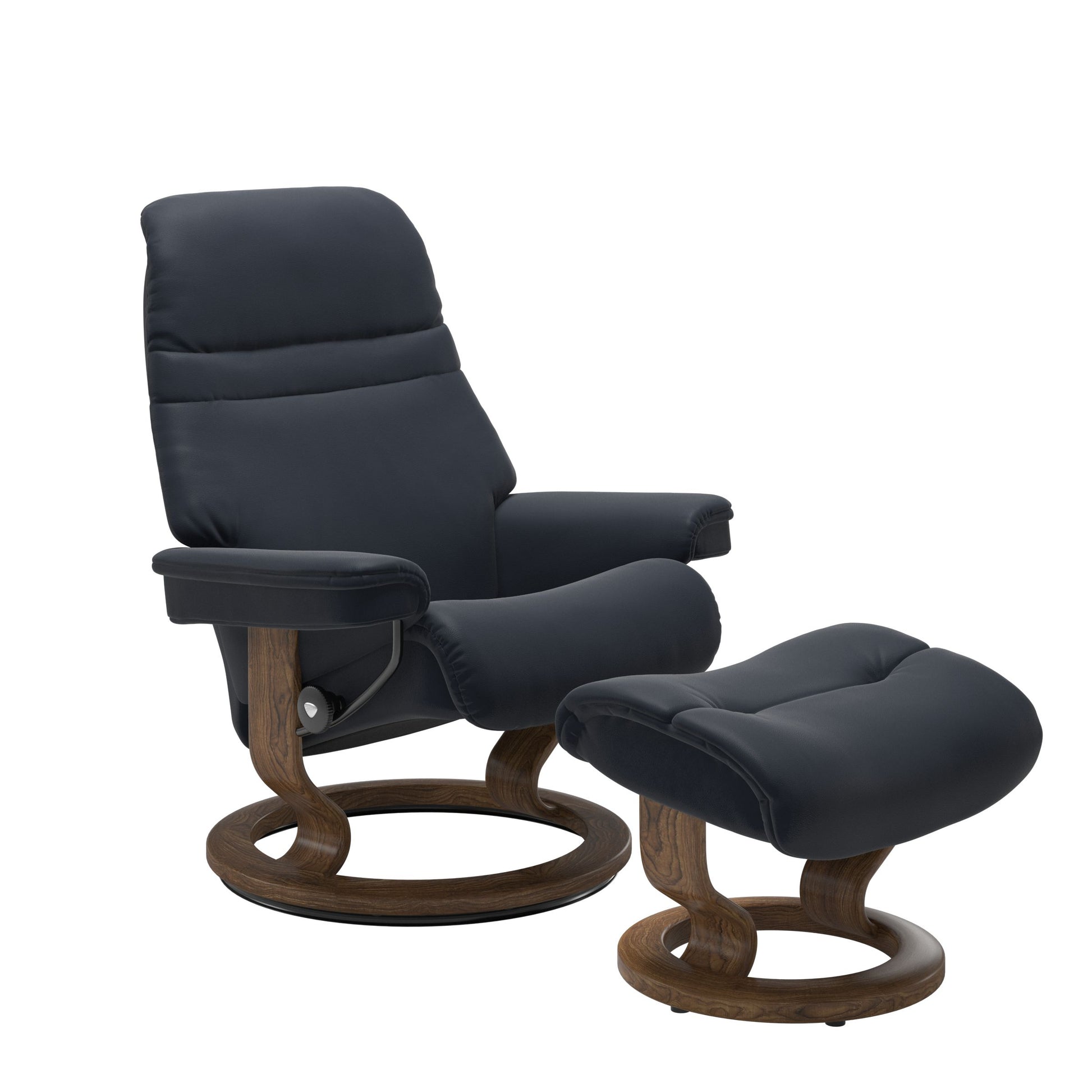 Shadow Blue colored sunrise recliner with matching ottoman both featuring a circular base in teak wood. 