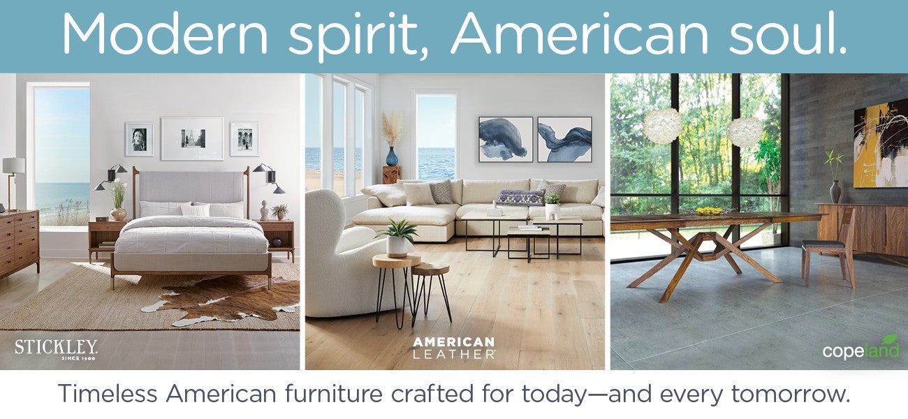 Collage of modern furniture pieces with 'Modern spirit, American soul' text and Stickley, American Leather, and Cope brand names.