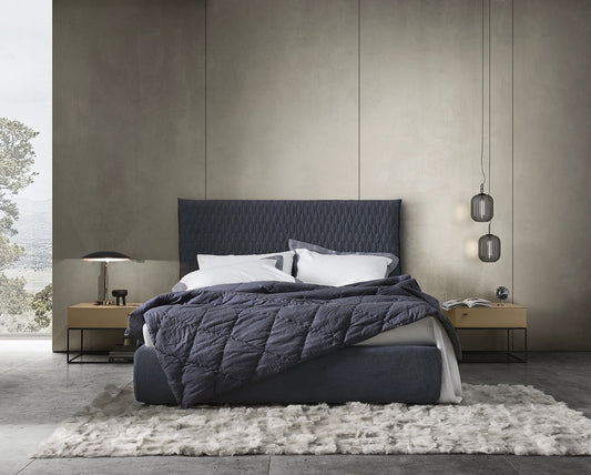 Allen King Bed in bedroom setting with 2 nightstands and fur carpet rug