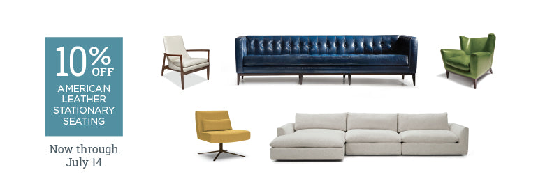 Promotional banner for American Leather with furniture and a discount offer.