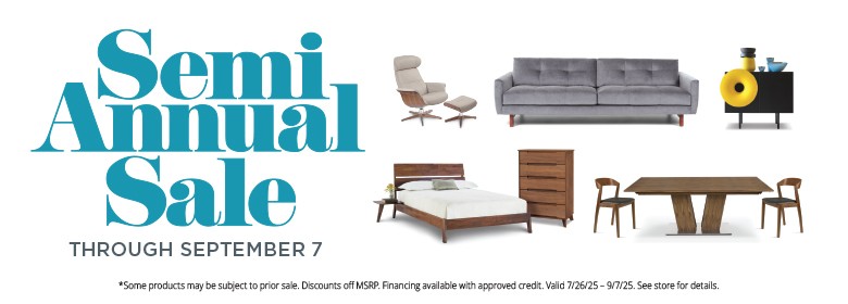 Advertisement for a semi-annual sale featuring furniture items on a white background.