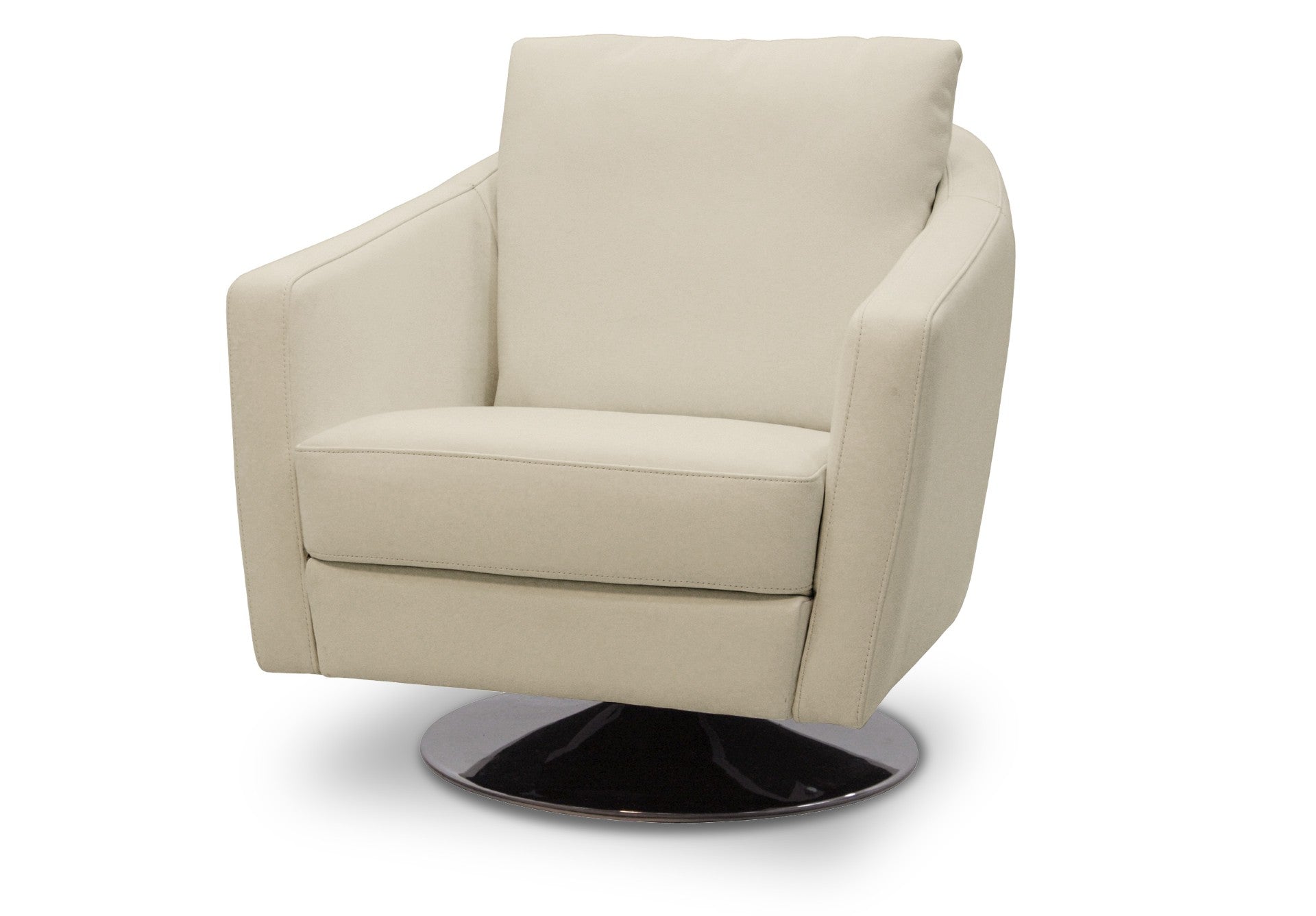 Bisque leather Toby swivel chair with a polished chrome base and sleek lines.