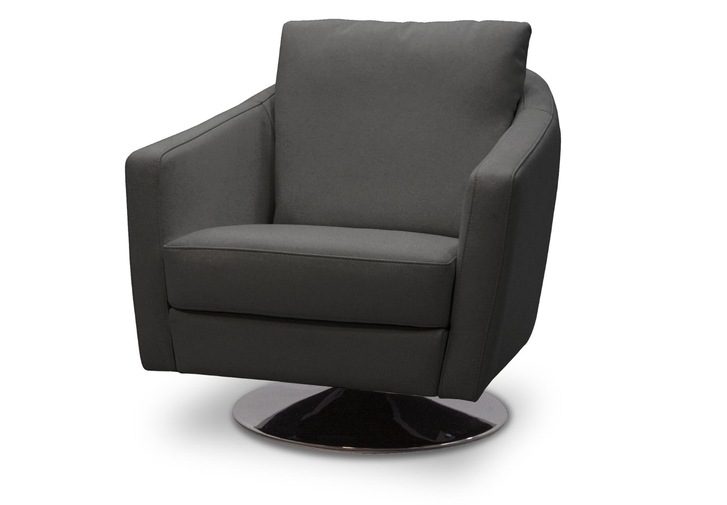 Graphite Leather Toby swivel chair with a polished chrome base and sleek lines.