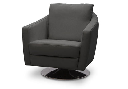Graphite Leather Toby swivel chair with a polished chrome base and sleek lines.