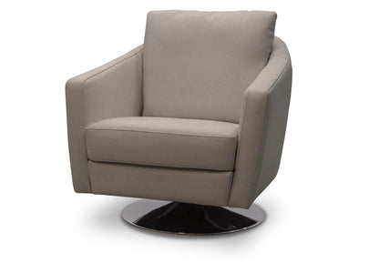 Taupe leather upholstered Toby swivel chair with a polished chrome base and sleek lines.