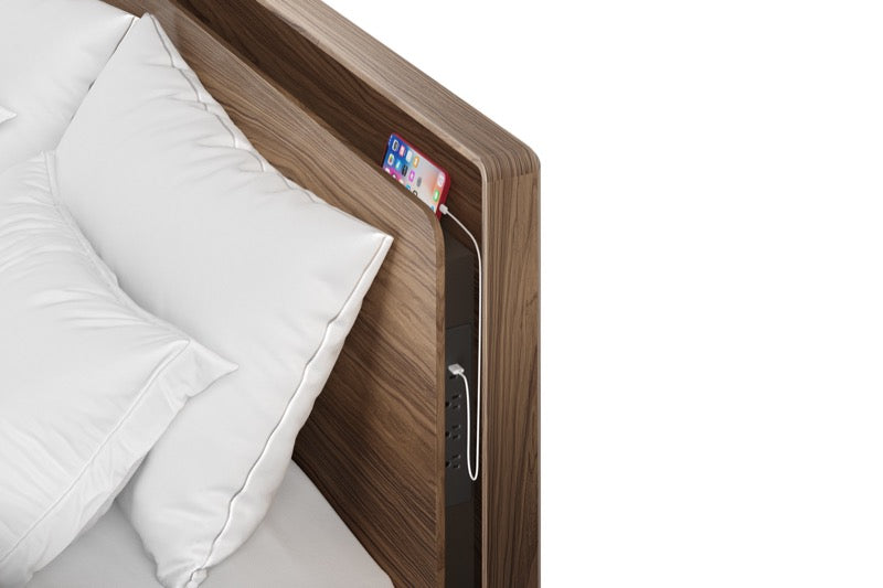 Up-Linq Bed Walnut close up of charging headboard