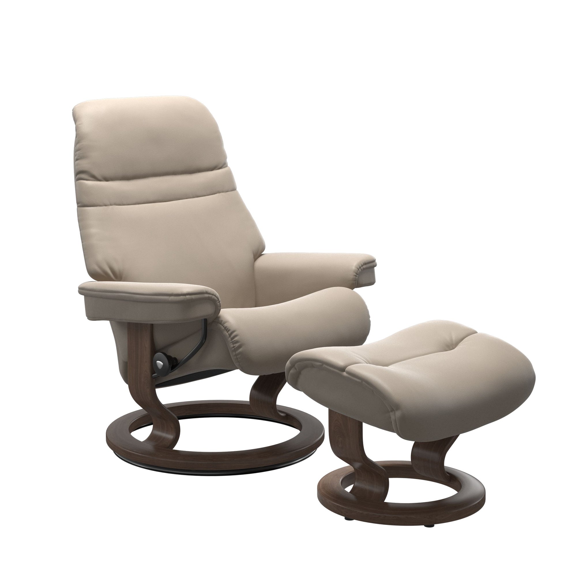 Beige colored sunrise recliner with matching ottoman both featuring a circular base in walnut wood. 