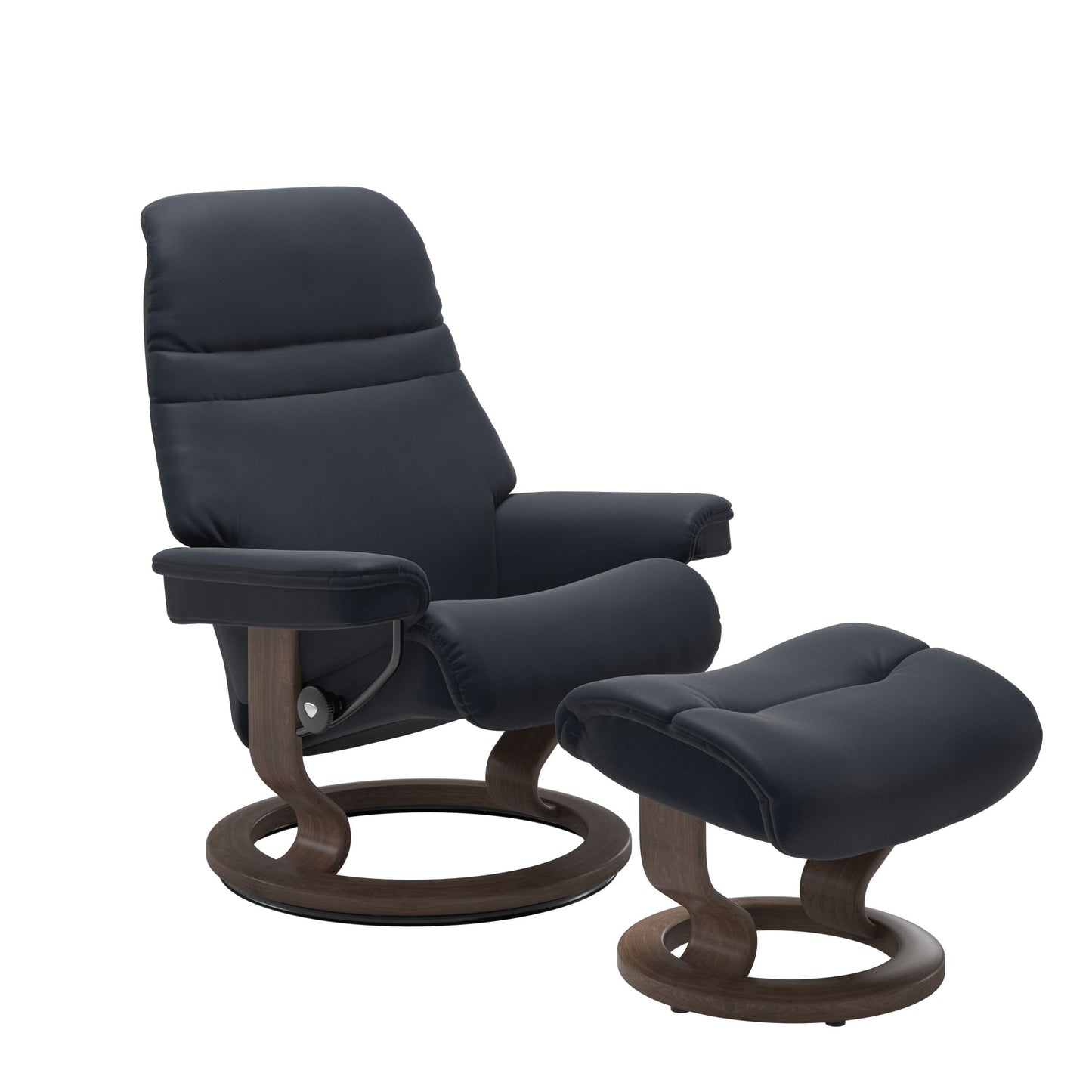 Shadow Blue colored sunrise recliner with matching ottoman both featuring a circular base in walnut wood.