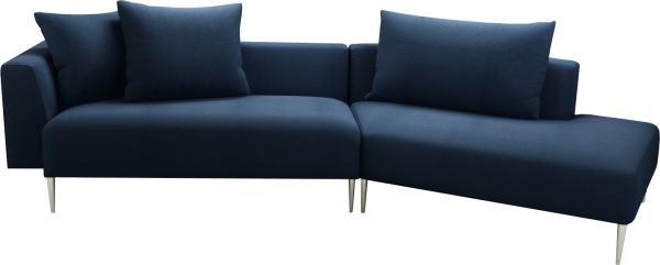 A blue upholstered Wellington Sectional sofa with a sleek modern design, featuring low backrest and 3 moveable pillows 