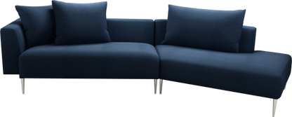 A blue upholstered Wellington Sectional sofa with a sleek modern design, featuring low backrest and 3 moveable pillows 
