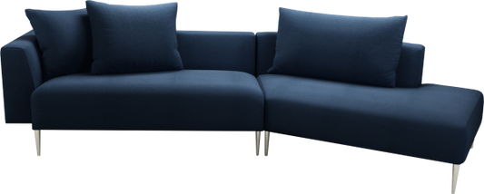 A blue upholstered Wellington Sectional sofa with a sleek modern design, featuring low backrest and 3 moveable pillows 