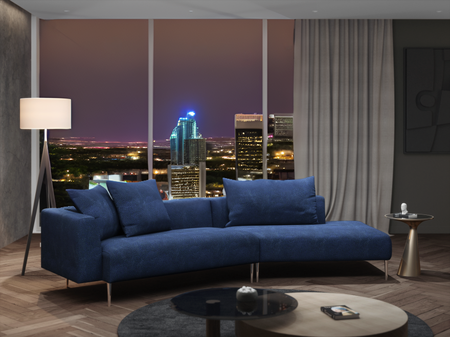 Navy Blue sofa in living room setting with city view in the back ground