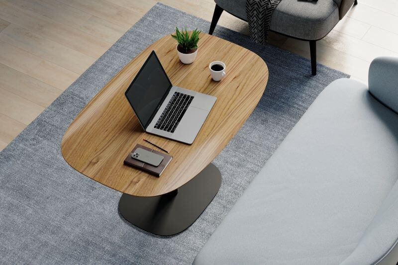 Soma 1130 in Natural Walnut with laptop, phone, and coffee
