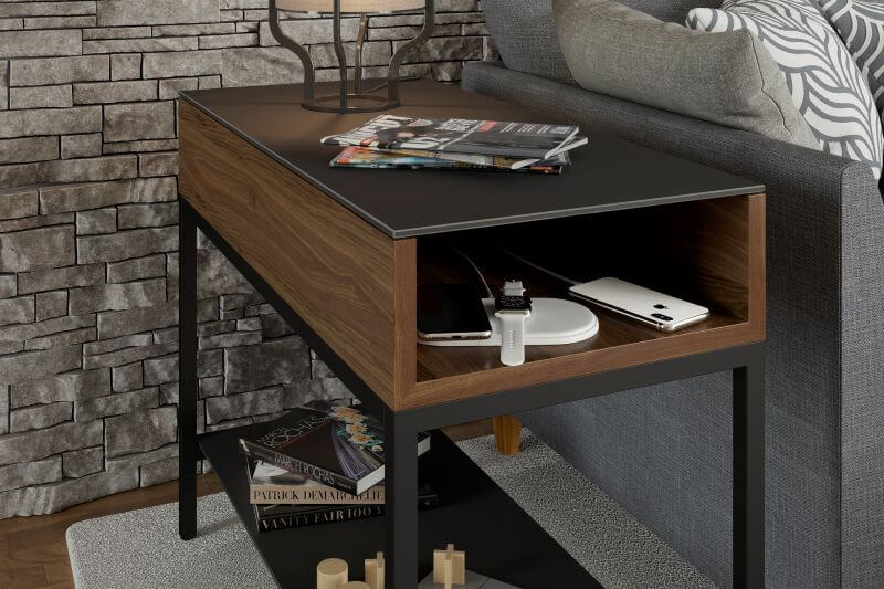 Reveal 1196 End Table in Natural Walnut with magazines on top, books on bottom, and phone in the middle