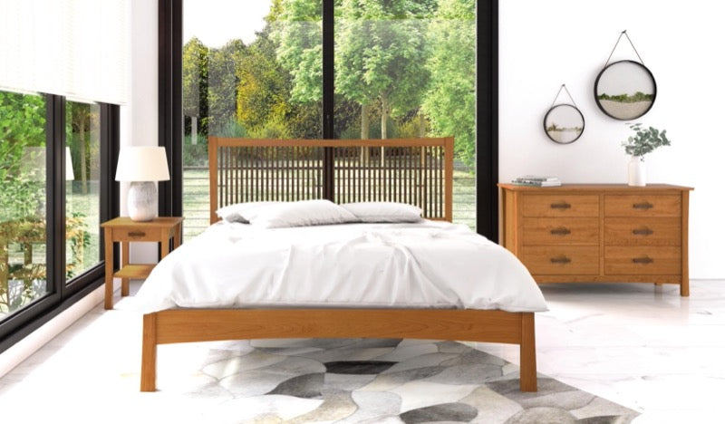 Berkeley Bed in cherry in decorated room with one drawer nightstand and six drawer dresser