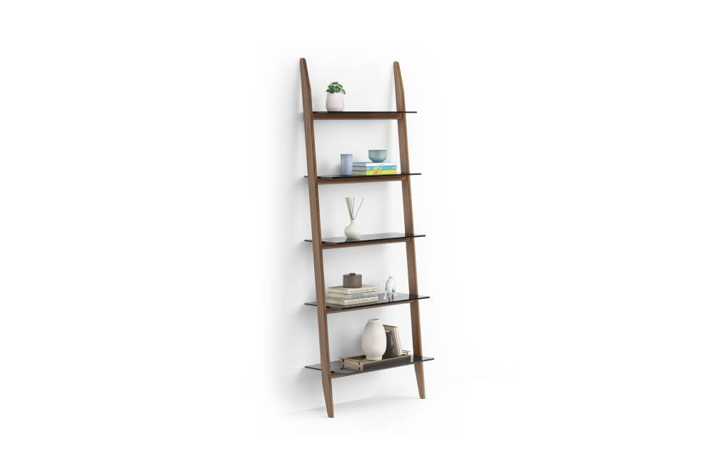 5702 Double Leaning Shelf in Natural Walnut with books and plants