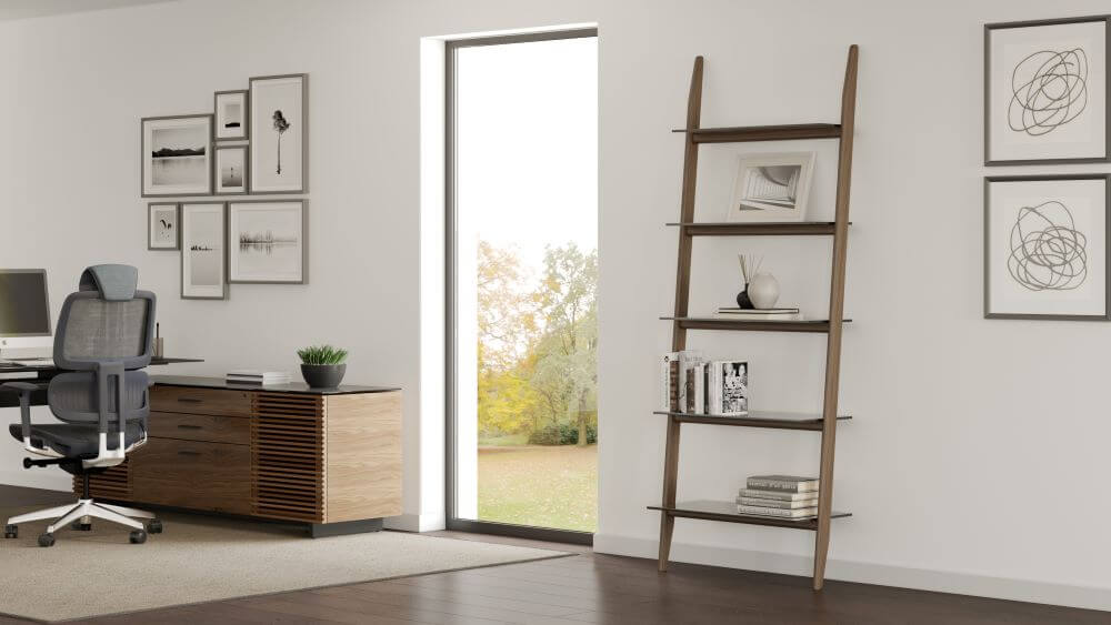 5702 Double Leaning Shelf in Natural Walnut with books and decor on it