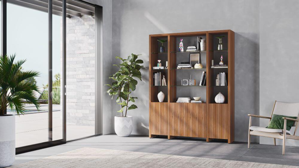 Linea 580121 in Natural Walnut with books inside a living room