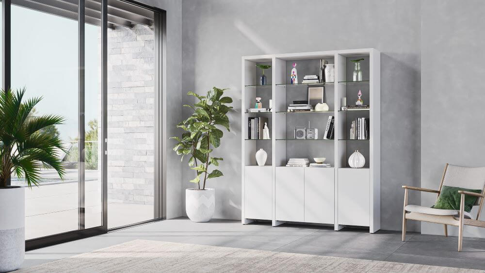 Linea 580121 in Satin White with books inside a living room