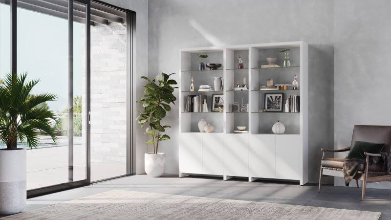Linea 580212 Shelf System in Satin White inside a living room