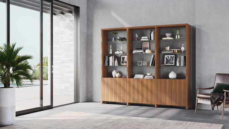 Linea 580222 Shelf System in Natural Walnut in a decorated living room