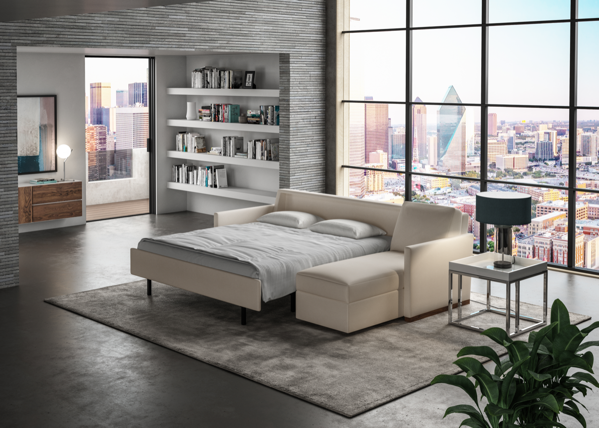 Pull-out room view of The Pearson Comfort Sleeper by American Leather in white